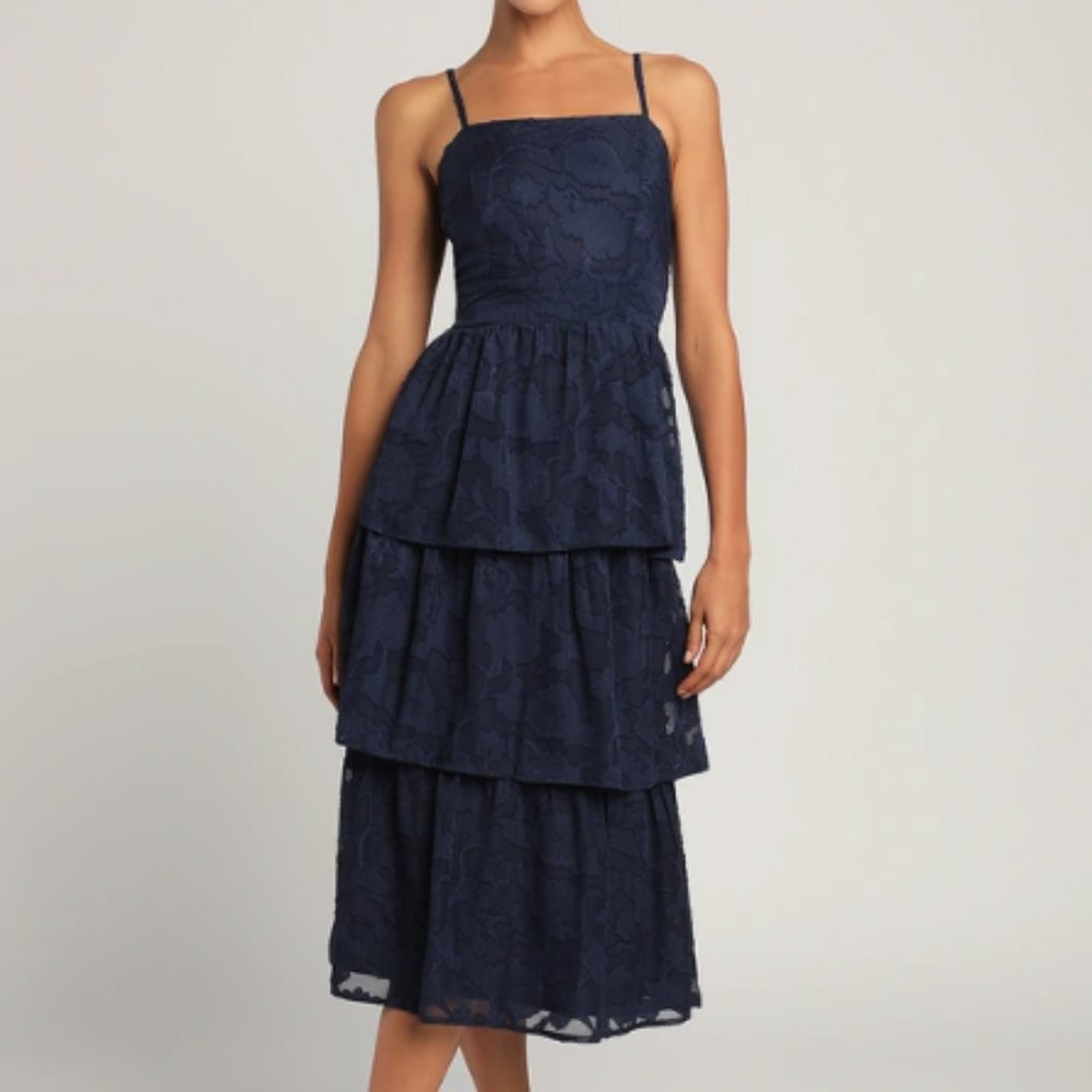 Grace and Beauty Navy Blue Burnout Floral Print Tiered Dress Lulus